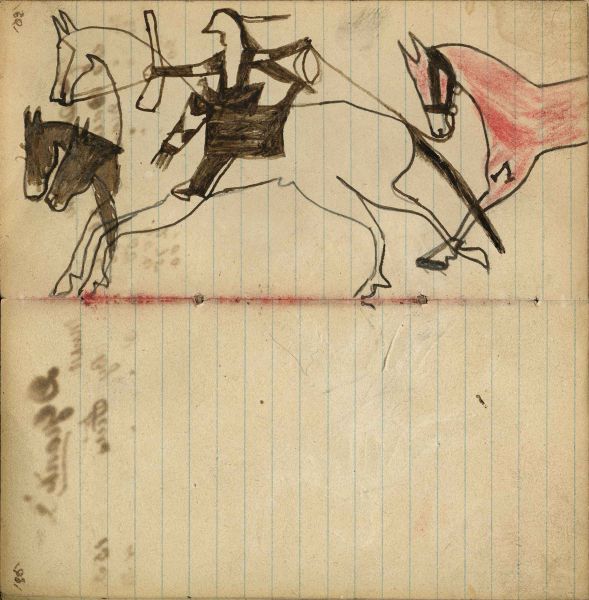Warrior riding horse holding gun and rope stealing 3 horses, red horse trailing – portrait of horse in outline