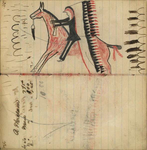 Writing - R. Mclain; Warrior riding horse, wearing a headdress with very long trail holding gun, with pursuing gunfire and bullets and tracks of band in front