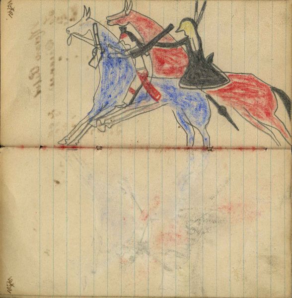 Battle on horseback: Lakota on red horse counting coup with flintlock gunstock on Crow warrior holding rifle on blue horse