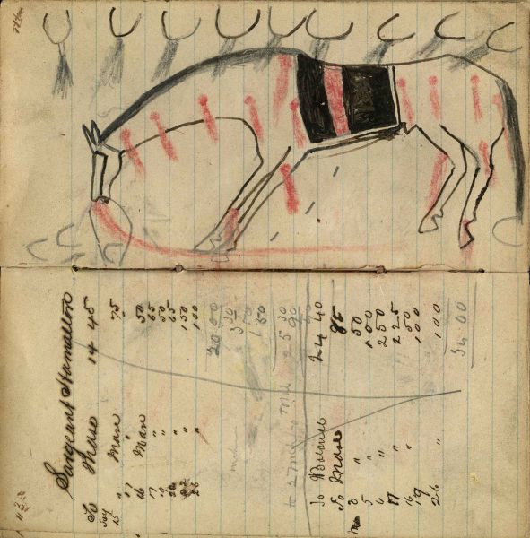 Writing - Sergeant Hamalton; Horse with saddle blanket wounded from many tracks showing firing rifles