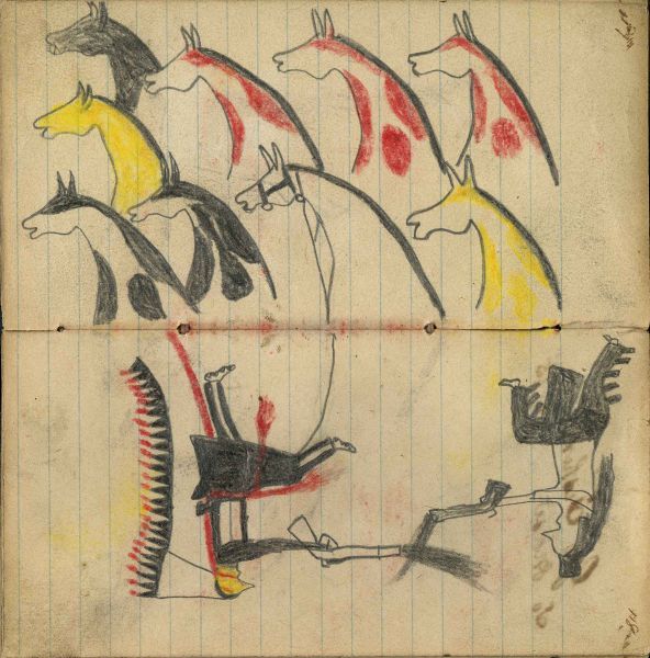 9 stolen horses in shoulder portraits; Wounded Lakota wearing a headdress with very long trail dismounted from middle horse (not colored) and dismounted Crow warrior exchanging gun fire