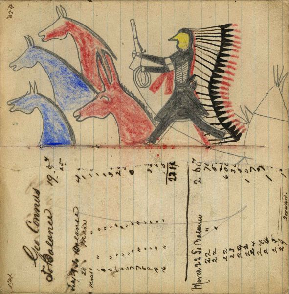 Writing - Geo Connus; Warrior wearing bone breastplate and headdress with long feather trail holding gun and rope on foot stealing 2 blue, and a red horse and mule, tipi behind