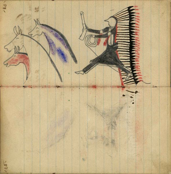 Warrior wearing headdress with long feather trail holding gun and rope on foot stealing 3 horses, blue, red, and plain