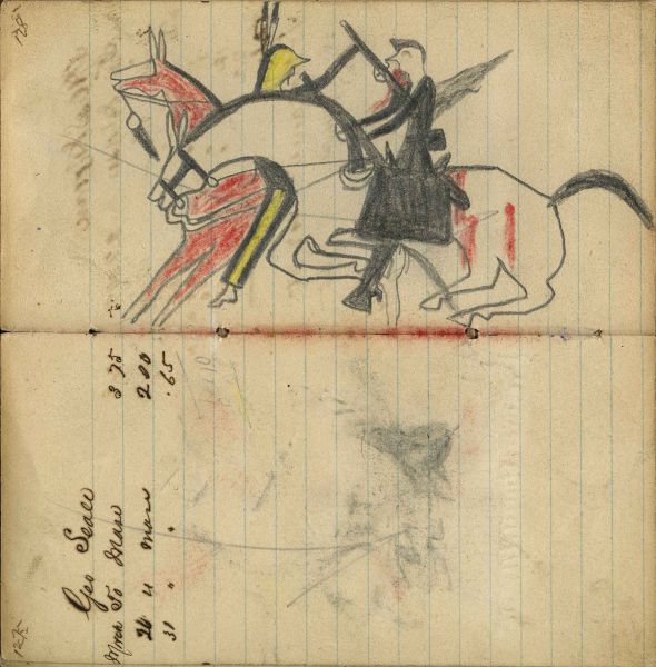 Writing - Geo Seale; Battle on horseback: Soldier on failing horse with rifle receiving coup by gunstock from Lakota warrior on red horse