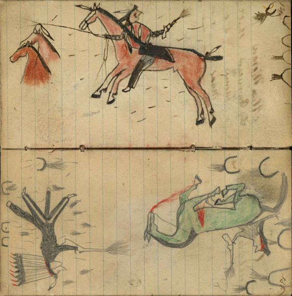 Lakota with shield mounted on red horse fleeing bullets with 2 stolen horses; Lakota with eagle feather bonnet and spirit line on face on foot firing at Crow enemy with rifle fallen from dead green horse