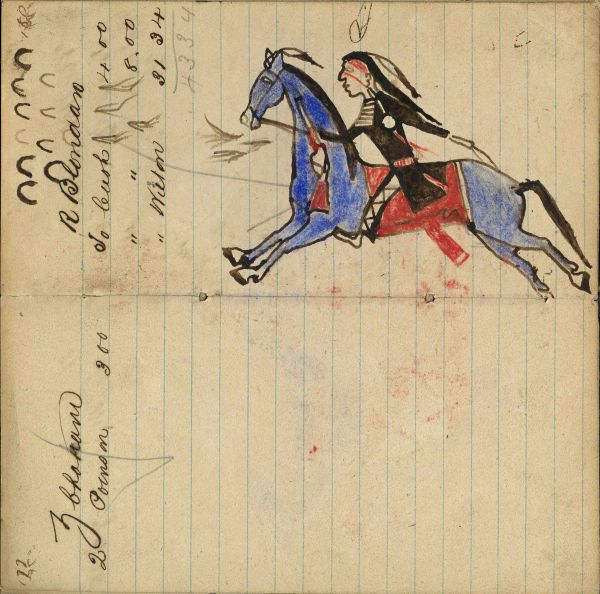 Writing - Z [A]braham; Lakota mounted on blue pony holding quirt and rifle chasing riders [glyph?] – on writing: R.Blondan