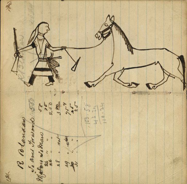 Writing - R. Blondan; akota holding gun and stake rope stealing horse from enemy village – in outline