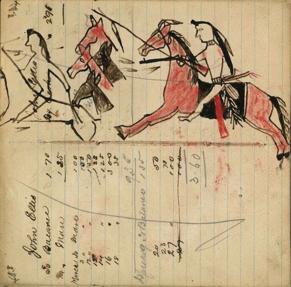 Writing - John Ellis; Lakota mounted on red pony rifle chasing Crow on horseback while stealing 4 horses, 2 red and 2 dark
