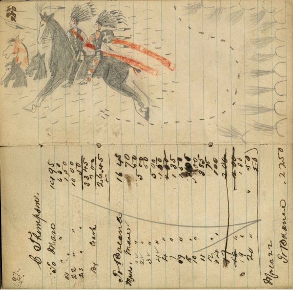 Writing - L Thompson; Lakota warrior wearing vest, breechclout, and dark leggings rescuing warrior wearing vest, breechclout,  and red and black painted leggings and holding shield fleeing rifle shots with 3 stolen horses [different hand]