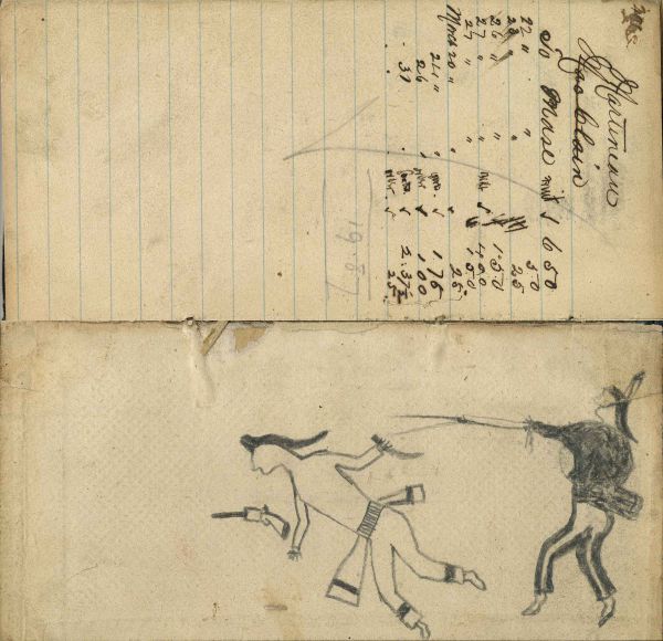 Writing - Martineau; Warrior on foot shooting enemy with pistol and knife - pencil