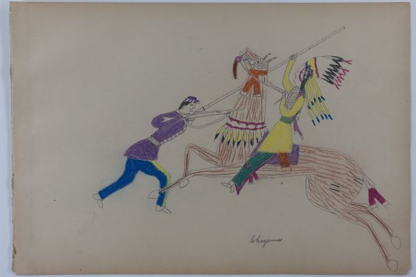 Mounted Cheyenne warrior with lance fights with a soldier on foot carrying a rifle