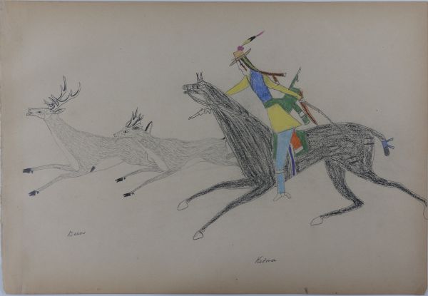 Mounted Kiowa hunting 2 deer