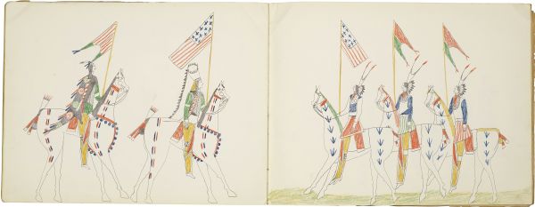 Mounted warriors bearing American flags and guidons