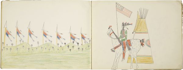 Procession of guidon and lances | Mounted warrior in front of tipi