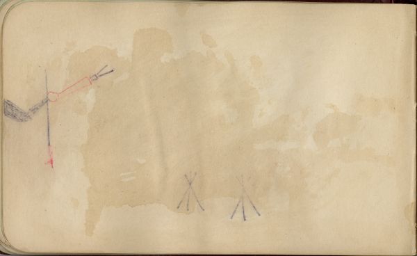 Arm out of left frame holding pipe and quirt, 2 tipis in background | 5 floating figures, yellow with red markings
