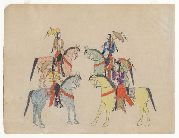 Four Mounted Men with Parasols
