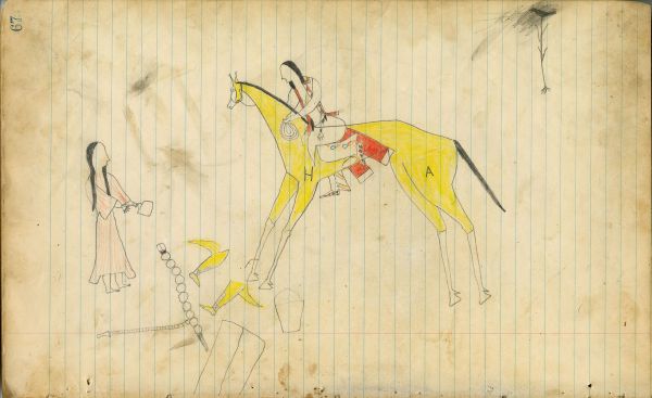 Man on yellow horse, woman with belt & leggings on ground