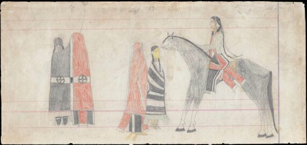 Man on horseback facing couple, couple in black and red blankets with beaded strips