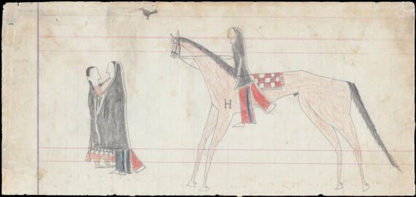 Couple with black blankets, man riding on horseback