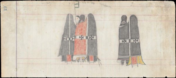 Left: 4 people: 3 with black and red blankets with blanket strips and 1 chaperone with a flag. Right:  couple with black blankets with blanket strips