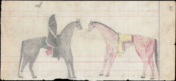 Man with a black blanket on a black horse faces a saddled red horse