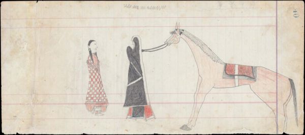 Woman with red and white calico blanket faces  man with black capote leading a horse