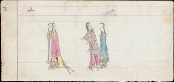 2 couples with name glyphs:  Man with walking name glyph courts by 2 different women, first wearing a red robe, and then a Mexican sarape