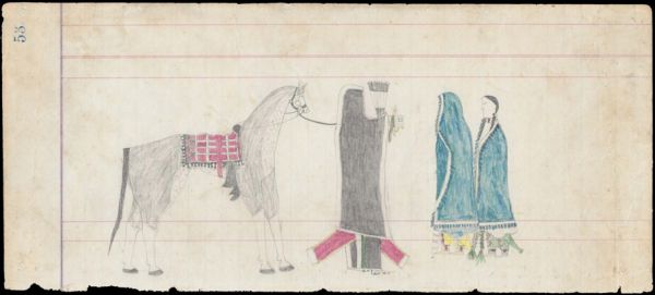 Man in black capote holding a fan and leading a horse courts 2 women in blue blankets