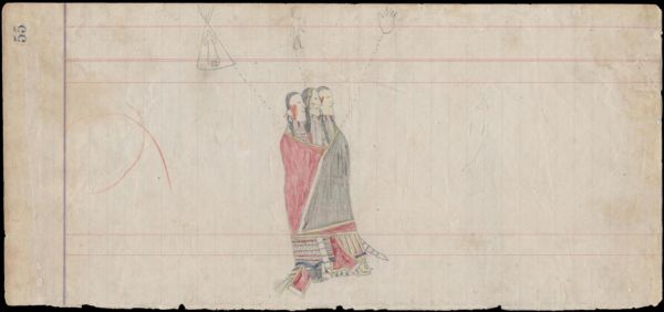 Man with a women on either side wrapped in black and red robes