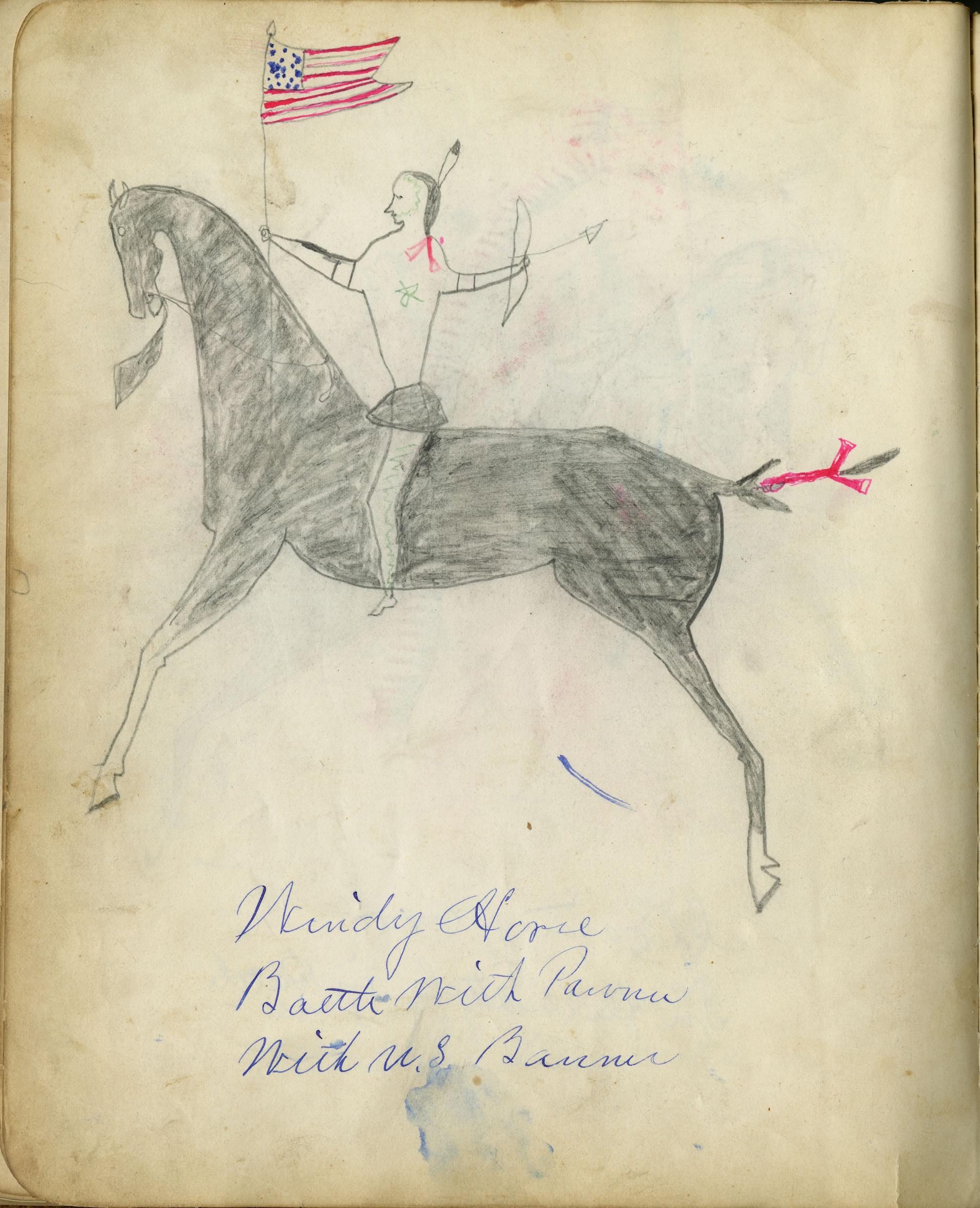 Fales-Freeman Brulé Ledger: Plate 09 Windy Horse Battle With Pawnee With U.S. Banner / Windy Horse In Battle With Pawnee - Saving White Thunder the Chief of the Brulé Sioux Indian - Myself and his Horse Wounded 