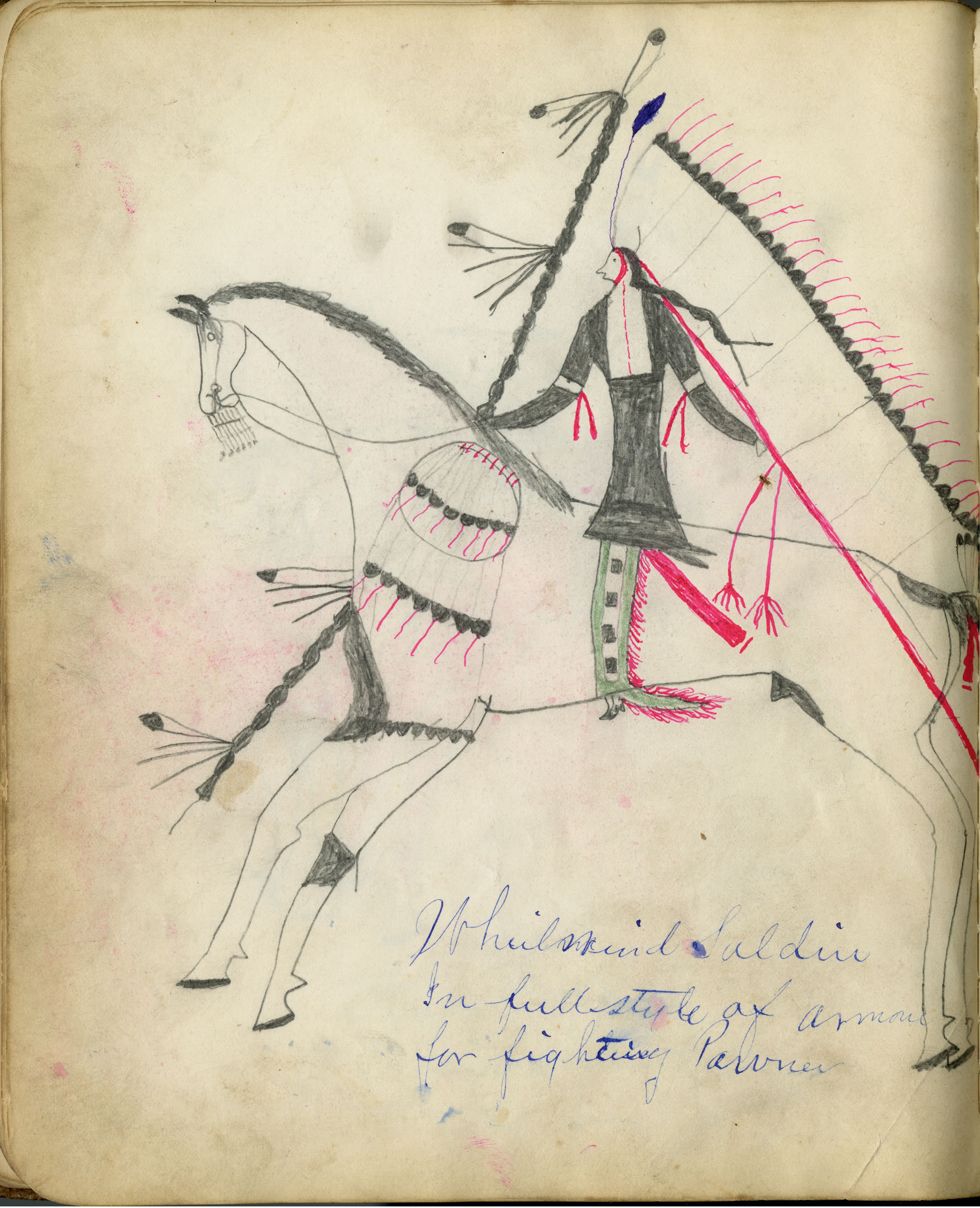 Fales-Freeman Brulé Ledger: Plate 11 Whirlwind Soldier In Full Style of Armor for Fighting Pawnee / Bad Gun In Style of Armor for Fighting Pawnee
