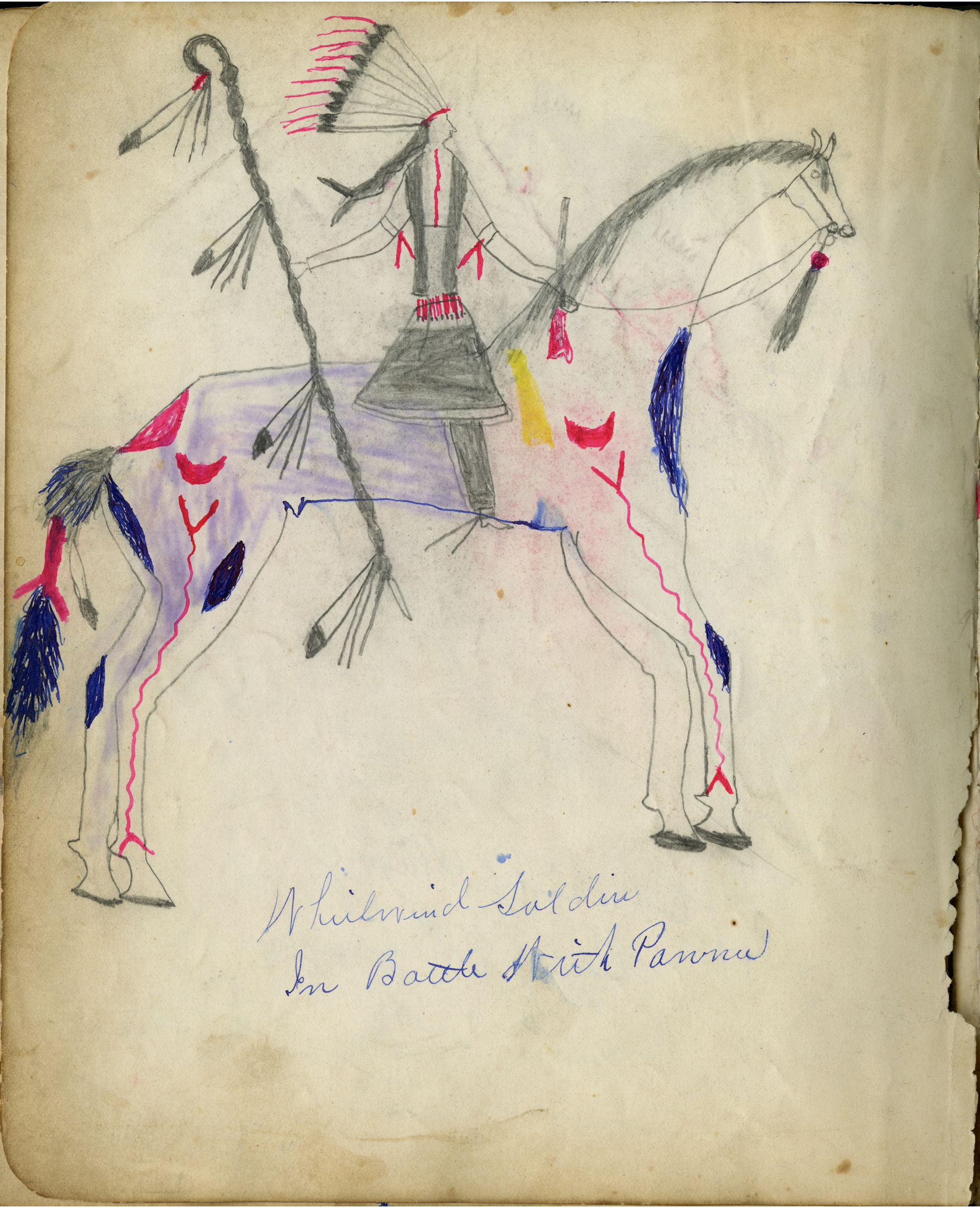 Fales-Freeman Brulé Ledger: Plate 17 Whirlwind Soldier In Battle With Pawnee / Ring Thunder Running Off Pawnee Ponies