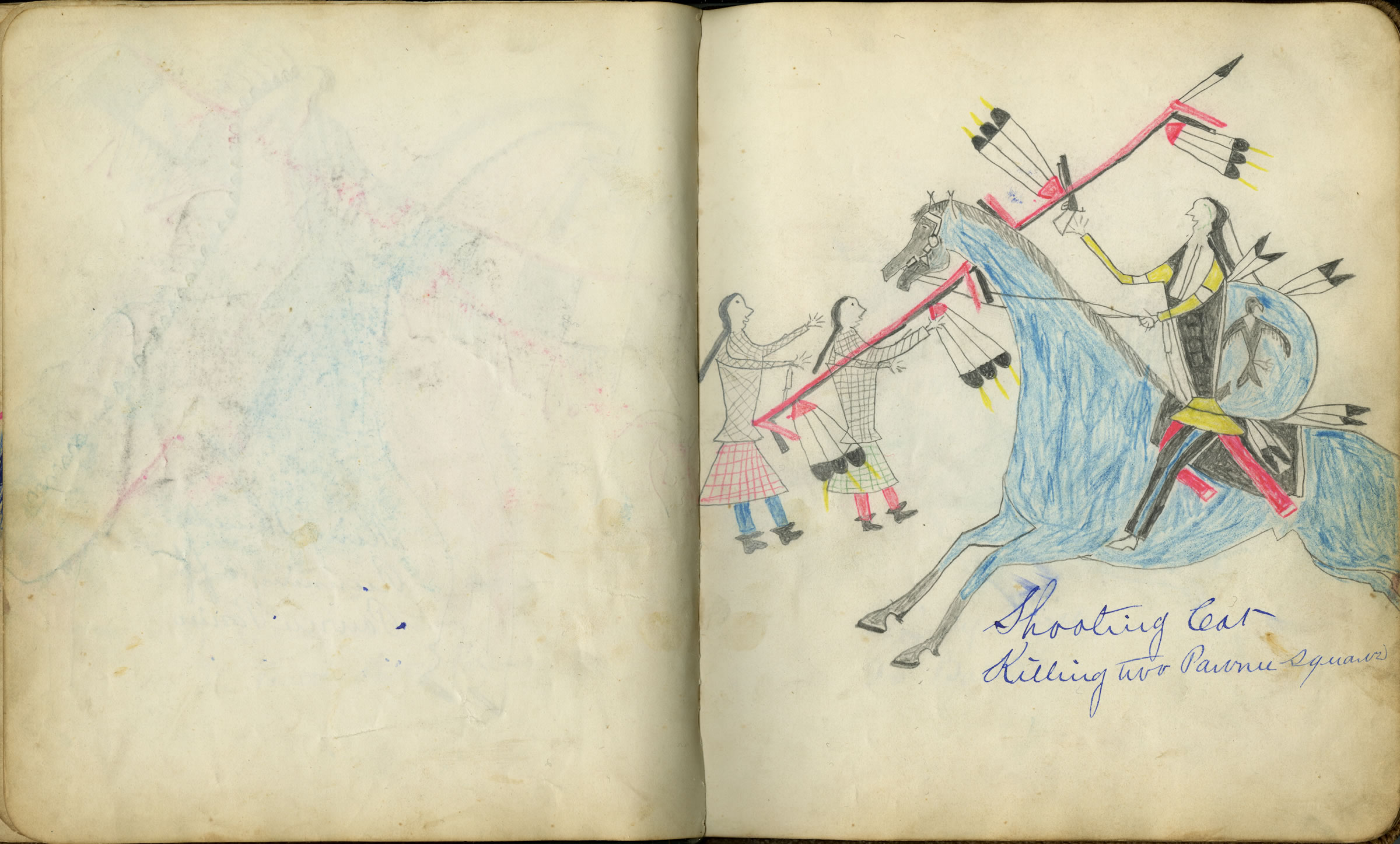 Fales-Freeman Brulé Ledger: Plate 18 Shooting Cat Killing Two Pawnee Squaws