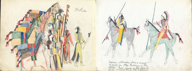 Koba-Russell Sketchbook: Plate 03 Indians returning from a scout or raid on other Indian or the whites.  Their friends receive them with advisory