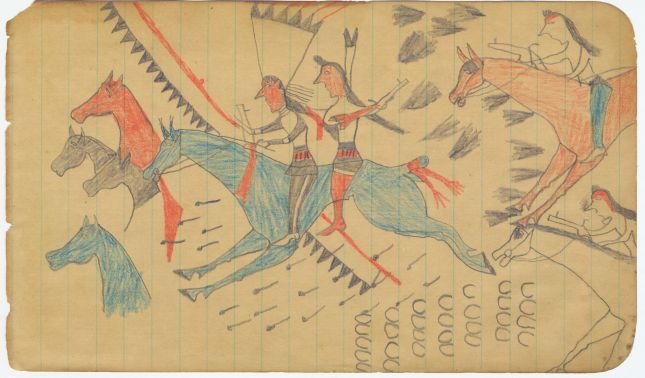 Leatherwood/Scares the Enemy Ledger: Plate 13 Two Warriors Stealing 4 Horses